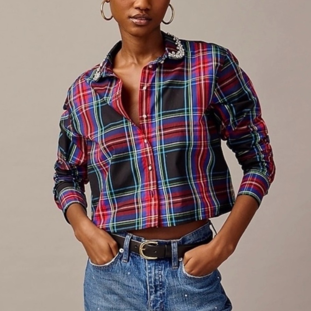 J Crew Plaid Button-Up Shirt with Embellished Collar